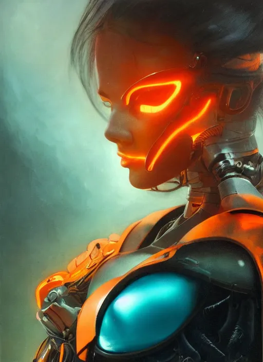 Image similar to ( ( symmetry ) ) closeup portrait of a stunning armored cyborg ai girl ( ( ( crying in tears ) ) ), ( bird in hands ), strong cinematic light, backlit, teal orange, viscous volumetric smoke, mist, by gerald brom, by mikhail vrubel, by peter elson, muted colors, extreme detail, trending on artstation, 8 k