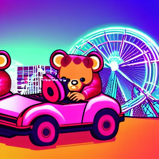 Prompt: teddy bears riding bumper cars in a theme park, synthwave, digital art