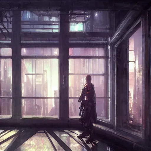 Image similar to cyberpunk living room interior, windows, light rays, buildings, dystoptian, gorgeous view, depth, painted by Seb McKinnon, clouds, tending on artstation