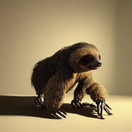 Image similar to photorealistic painting of a sloth making a robot by Johannes Vermeer, mysterious, dark, 8k, cycles render, octane render, unreal engine, ray trace