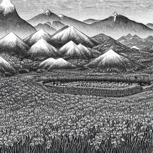 Image similar to Tall mountains, flower field by Kentaro Miura, highly detailed, black and white