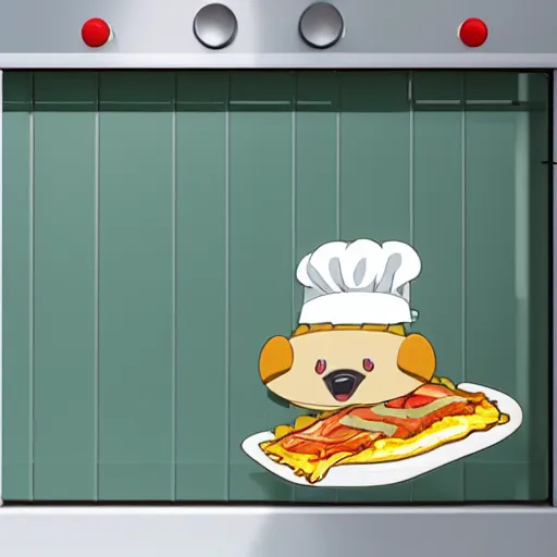 Image similar to anime style cute platypus on a kitchen wearing a chef hat and holding a lasagna into an oven, anime style, 3 d, chibi style, kawaii