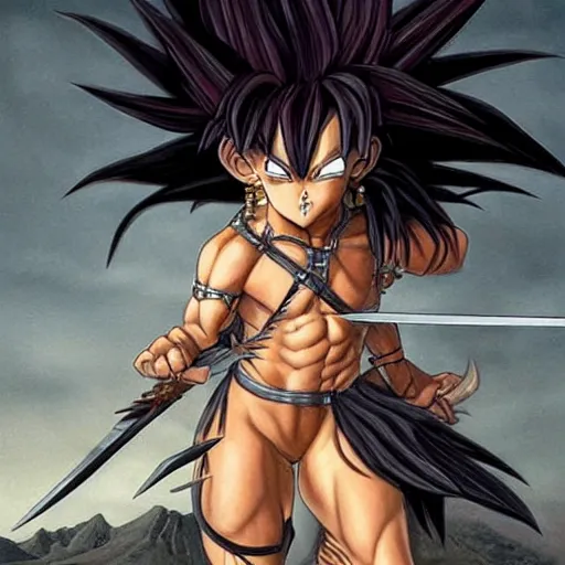 Image similar to realistic art style, warrior girl, muscular girl, wild spiky black saiyan hair, long spiky hair, electrified hair, holding scimitar made of bone, scimitar, sword, jagged sword, curved sword, orkish sword, colorized, gray skin, hyper - detailed, primeval fantasy, prehistoric fantasy, art by jacques - louis david