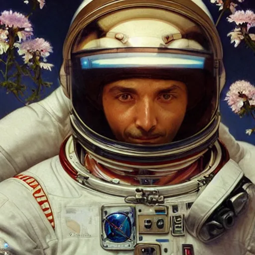 Prompt: a close up painting of an astronaut floating in space. his helmet visor is dark and reflective. you can see the reflection of flowers in his helmet visor. by artgerm and greg rutkowski and alphonse mucha