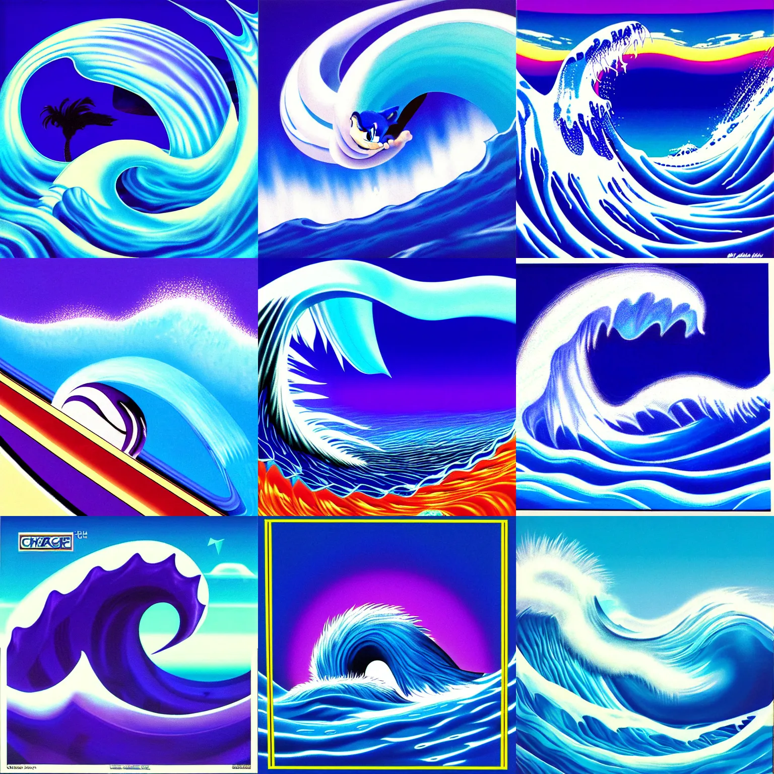 Prompt: surreal, sharp, detailed professional, high quality airbrush art MGMT album cover of a blue cresting ocean wave shaped like sonic the hedgehog, purple checkerboard background, 1990s 1992 Sega Genesis box art