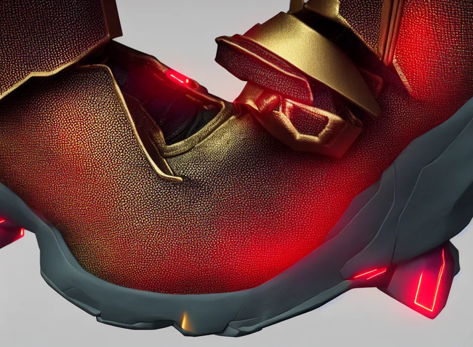 Prompt: realistic 3 d render of a cyberpunk android sneaker, beautiful studio lighting, soft, sharp focus, neon cyberpunk highlights, intricate detail, gold and red accents, soft rubber, octane render, side view, close up, trending on artstation, deviantart, issey miyake, lloyd wright, gaugin
