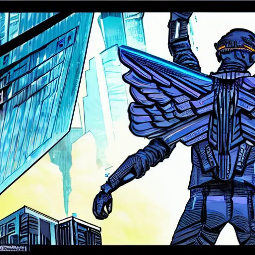 Image similar to young French man with blue energy wings on his back, behind a futuristic cyberpunk city, in the style of a comic, high quality, multiple details