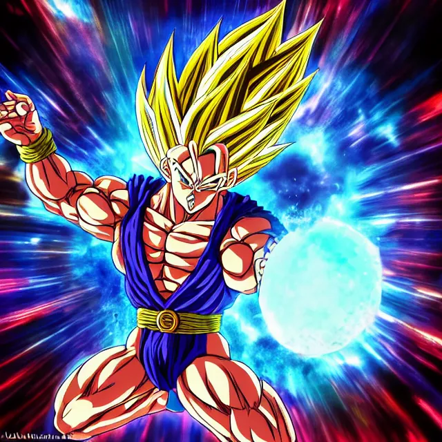 Image similar to muscular anime man powers up going super saiyan in the hyperbolic time chamber, ultrafine hyperrealistic detailed face illustration by kim jung gi, irakli nadar, intricate linework, sharp focus, bright colors, matte, octopath traveler, final fantasy, unreal engine highly rendered, global illumination, radiant light, intricate rainbow environment