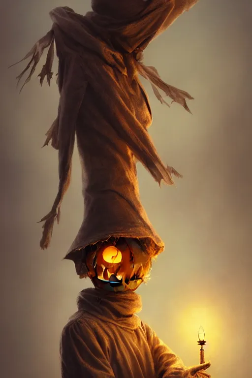 Image similar to portrait of a haunted scarecrow, burlap bag head, holding a lantern, halloween night, charlie bowater, artgerm, ilya kuvshinov, krenz cushart, ruan jia, realism, ultra detailed, 8 k resolution