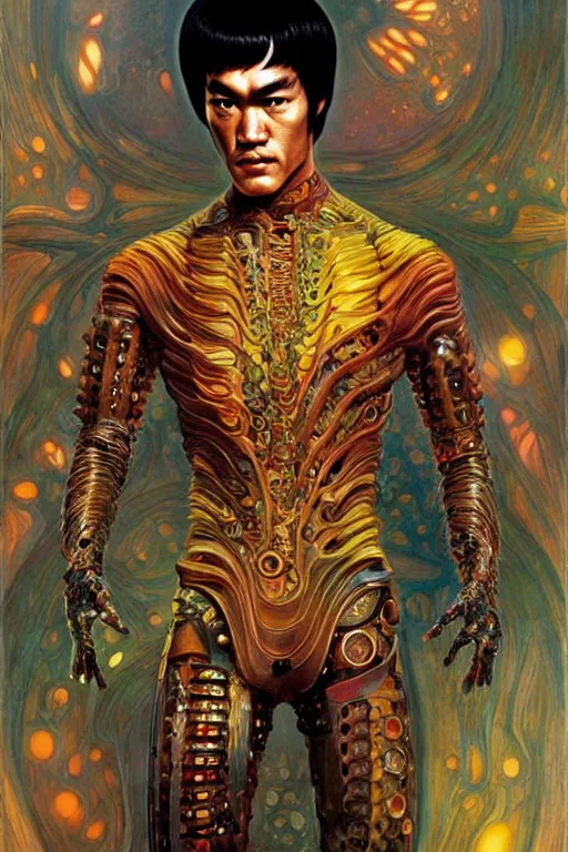 Image similar to bruce lee as a organic cyborg, diffuse lighting, fantasy, intricate, elegant, highly detailed, lifelike, photorealistic, digital painting, illustration, concept art, smooth, sharp focus, art by john collier and albert aublet and krenz cushart and artem demura and alphonse mucha