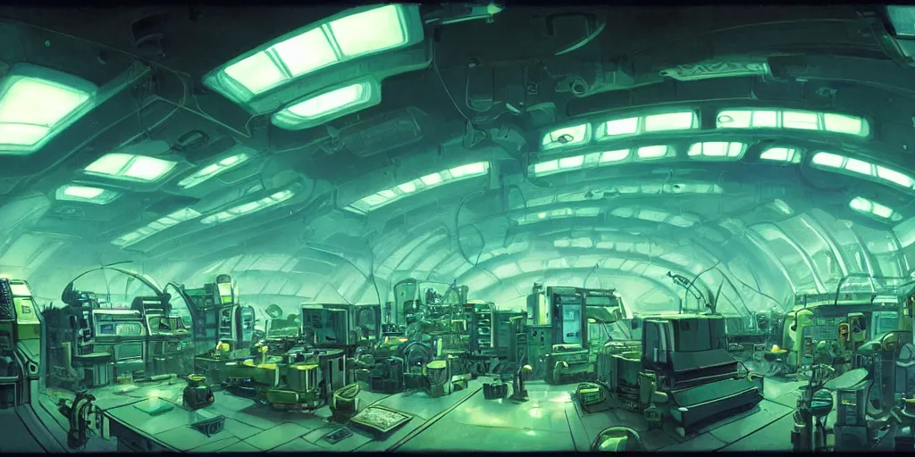 Image similar to interior of a scifi mechanical laboratory, green light, cluttered with machinery and mechanical equipment, artificial intelligence, parabolic lighting, epic composition, wide angle, by miyazaki, nausicaa ghibli, breathe of the wild