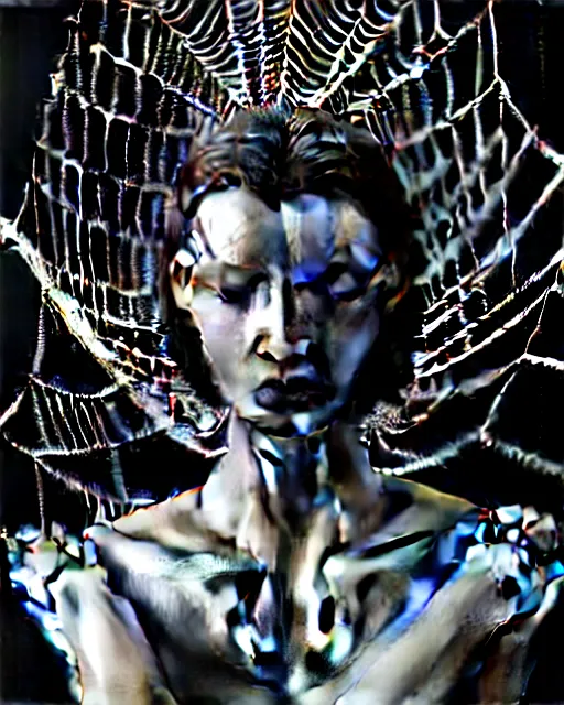 Image similar to black and white cyborg-plant goddess high quality photo, artificial intelligence, bio-mechanical bio-luminescence, artificial complex spider web, neurons, nerve cells, octane render, cinematic, rim light, hyper realism, photo-realistic, high detail, 8k, in the style of Steven Meisel and Dora Maar and H.G. Giger