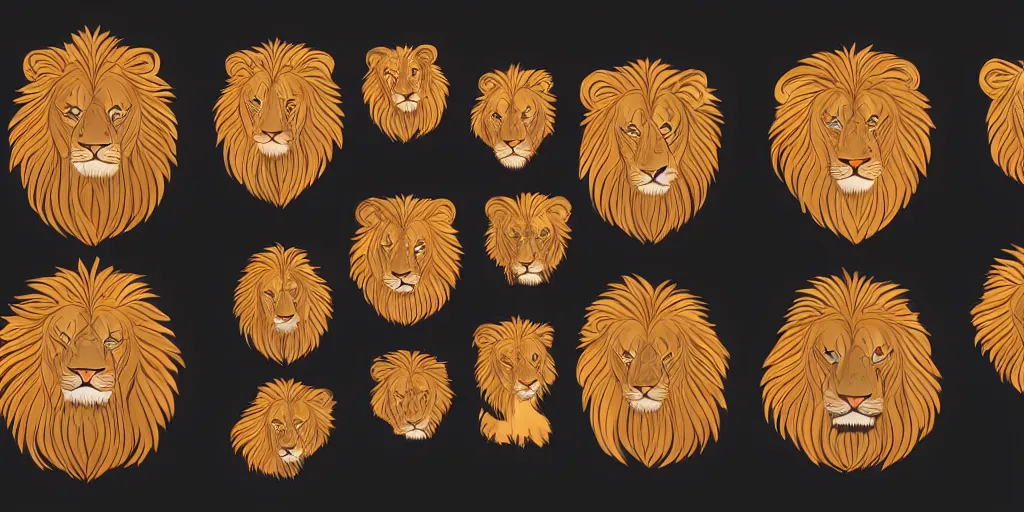 Prompt: game asset of unique lion heads on black background, organic, animated disney movie palette, animated disney movie black inking, toon shading, 5 colors, solid colors, flat 2 d design, 2 d sprites, 8 k, close up