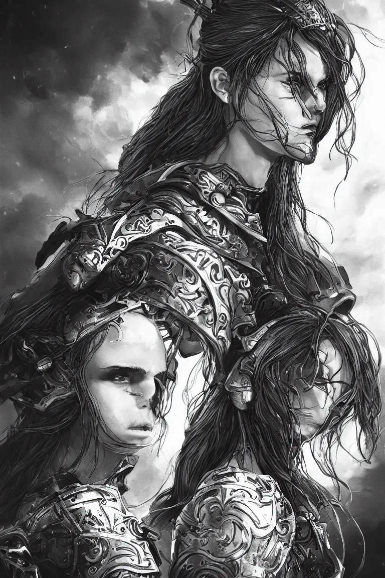 Image similar to alicia vikander as a knight | emotional, angry, screaming | combat | black and white manga | high quality scan, trending on artstation