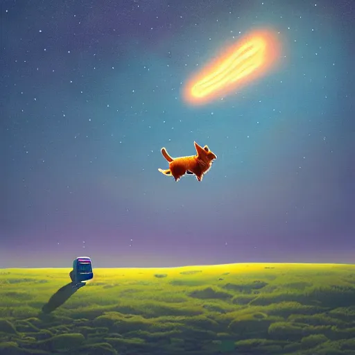 Prompt: a corgi in a spaceship flying through the stars, beautiful detailed digital painting by simon stalenhag