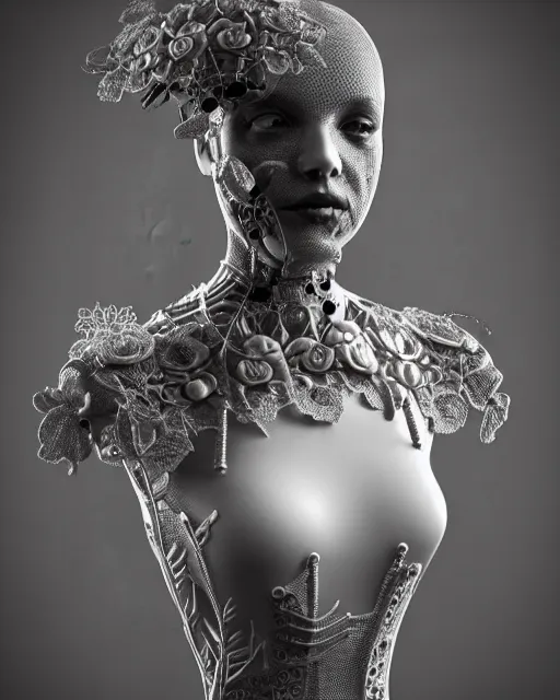 Image similar to monochrome 3 d model, 1 8 7 0 picture, silver mesh floral steampunk biomechanical beautiful young female cyborg with porcelain profile face and a techno eye, volumetric light, leaves foliage and stems, hibiscus flowers, sinuous fine roots, fine foliage lace, alexander mcqueen, rim light, big gothic fashion pearl embroidered collar, octane render, 8 k