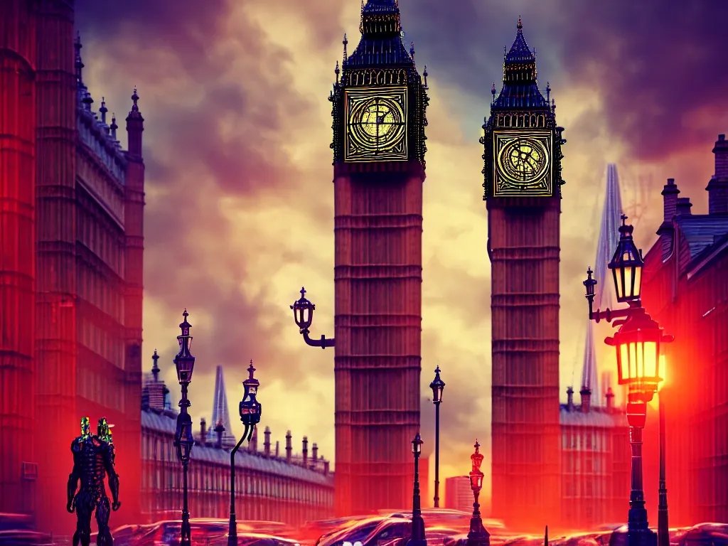 Image similar to a giant ancient beautiful cyborg of the elder gods with pipes and tubes in the city of London, London streets with bigben in the background, colourful, dramatic lighting, golden hour, very detailed octane render very realistic beautiful