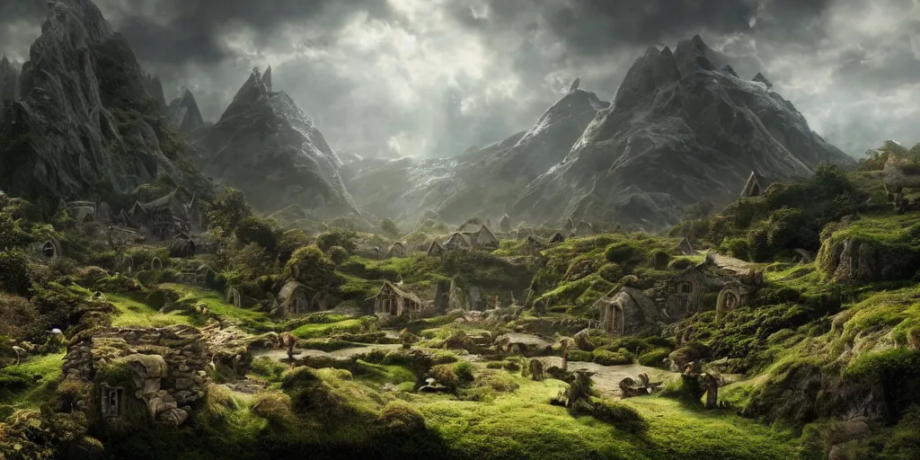 Prompt: beautiful matte painting of the hobbit shire by weta workshop 4 k, cinematic dramatic atmosphere, dramatic lighting