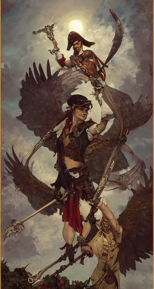 Image similar to anthropomorphic swan swashbuckling pirate with wings and a sword, Renowned character illustration by greg rutkowski, thomas kindkade, alphonse mucha, loish, norman rockwell. Trending on furaffinity.
