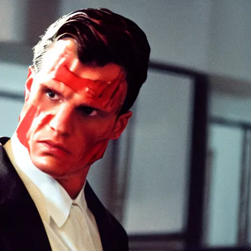 Image similar to Caesar as The American Psycho, cinematic still, sweating hard