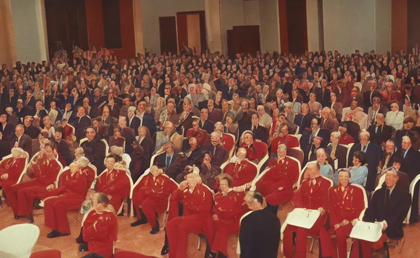 Prompt: 60s movie still of a CCCP ceremony in a stanilist style townhall, by Irving Penn , cinestill 800t 35mm eastmancolor, heavy grainy picture, very detailed, high quality, 4k, HD criterion, precise texture