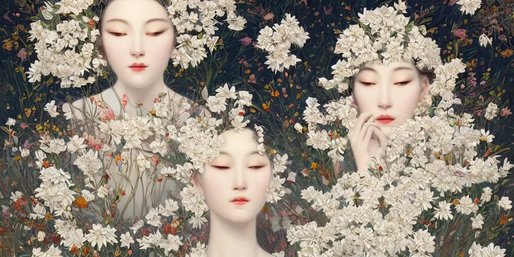 Prompt: breathtaking detailed concept art painting art deco pattern of faces goddesses of white flowers with anxious piercing eyes and blend of flowers and birds, by hsiao - ron cheng and john james audubon, bizarre compositions, exquisite detail, extremely moody lighting, 8 k