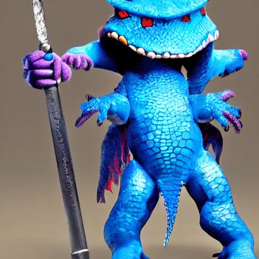 Prompt: a blue lizard warrior who is wearing a silly fluffy colorful hat, highly detailed, fantasy, dnd, wearing armor, holding a sword