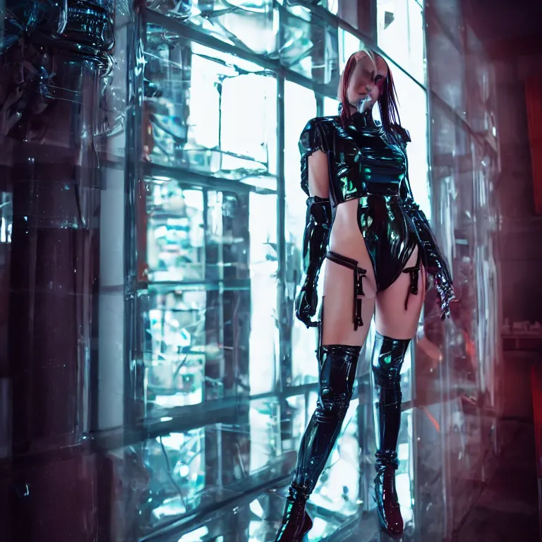 Prompt: cyberpunk girl in latex wear, standing in glass, using an armor, 35mm lens