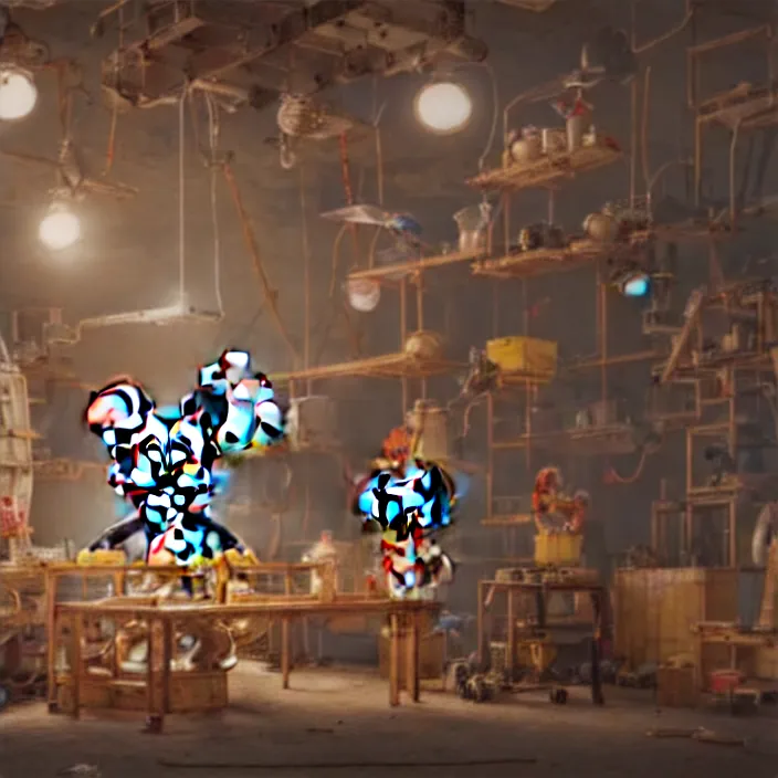 Prompt: crew of workers building giant mickey mouse - prop - head in quaint workshop, octane render, 4 k ultra hd, hyper - detailed, realistic, seedy lighting, sharp focus, in style of beeple