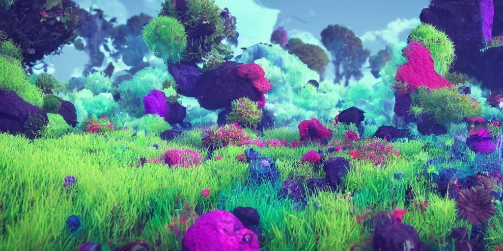 Prompt: color aberration meadows with various types of plants made out of alien materials, computer-circuitry based structures sticking out, abstract!!!!!!!!!!!!!, pastel tones, ray-tracing, 4k, octane render, trending on artstation