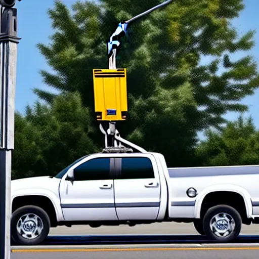 Prompt: truck dangling from atop a street light pole