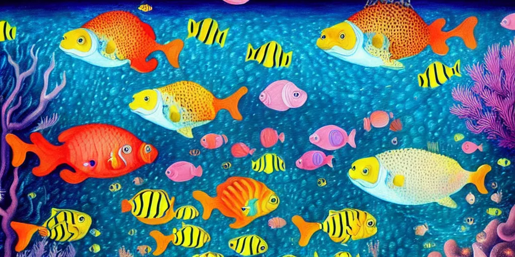 Image similar to a beautiful painting of an elaborate underwater scene painted by bosch and lisa frank