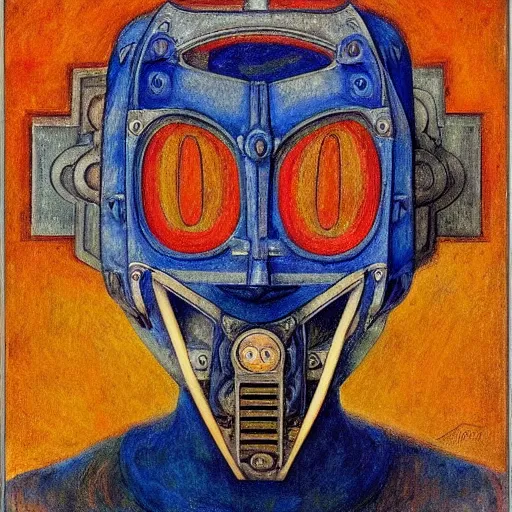 Image similar to the robot in her mechanical mask, by Annie Swynnerton and Diego Rivera, in profile, symbolist, dramatic lighting, elaborate geometric ornament, Art Brut ,god rays, soft cool colors,smooth, sharp focus, extremely detailed, Adolf Wölfli