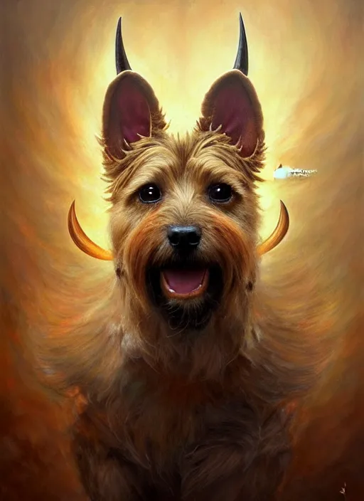 Image similar to norwich terrier as an devil, aesthetic, fine art, intricate, elegant, highly detailed, realistic hair, centered, digital painting, art station, conceptual art, soft, sharp focus, illustration, artwork, artgerm, tomasz alen kopera, peter mohrbacher, donato giancola, wlop, boris vallejo