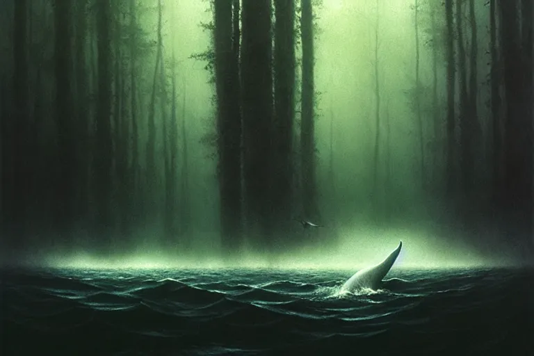 Prompt: whale swimming in forest, in the style of beksinski, intricate and epic composition, white by caravaggio, insanely quality, highly detailed, masterpiece, white light, artstation, 4 k