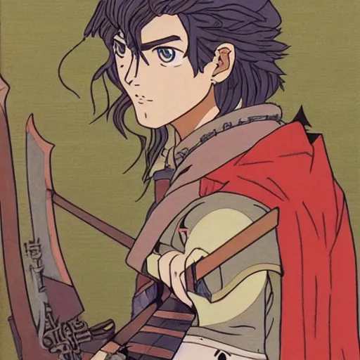 Image similar to Portait of Legolas in an 80s anime version of Lord of the Rings, holding a longbow, very detailed, ultra realistic, handpainted, Satoshi Kon, Hiyao Miyazaki, Katsuhiro Otomo