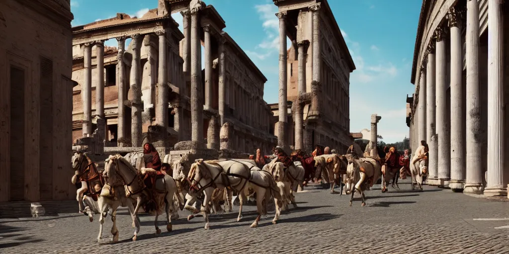 Image similar to low angle wide shot, street scene, ancient rome, mainly roman pedestrians, horses and roman soldiers, volumetric lighting, beautiful, day time, spring, sunny weather, sharp focus, highly detailed, photorealistic, 4 0 0 0 k, f 1. 4, cgsociety