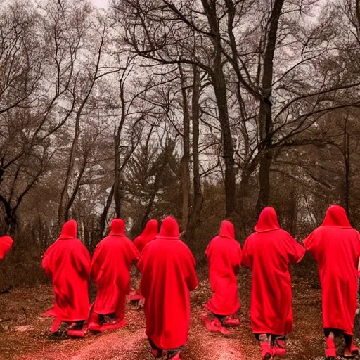 Prompt: A group of red robed cultist circling a bonfire at night. There robes has cultist markings on them. Dark, dreary, otherworldly, cinematic lighting, Nano.