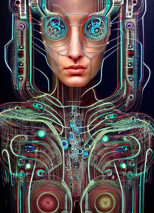 Prompt: biopunk cyborg portrait by julie bell, intricate integrated circuit patterns, detailed!, very sharp!!!