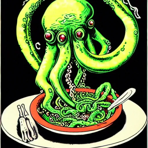 Image similar to Cthulhu monster using its tentacle sitting at table eating ramen H.P. Lovecraft