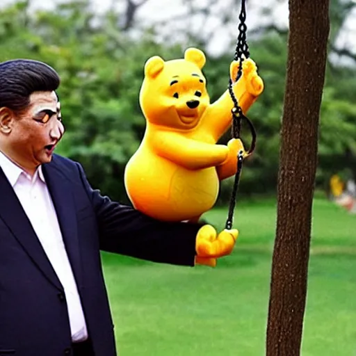 Prompt: xi jinping pushing winnie the pooh sitting on a swing