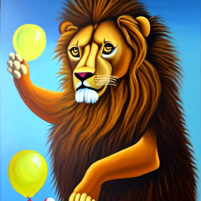 Image similar to a painting of an anthropomorphic male lion scientist researching balloon physics, oil on canvas, furry, soft lighting, sharp focus