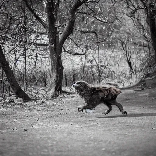 Prompt: Golden-Brown Gryphon Walking Toward a Distant Walled City in the Fallout Wasteland, Bethesda, Shot on Nikon 24mm f/11