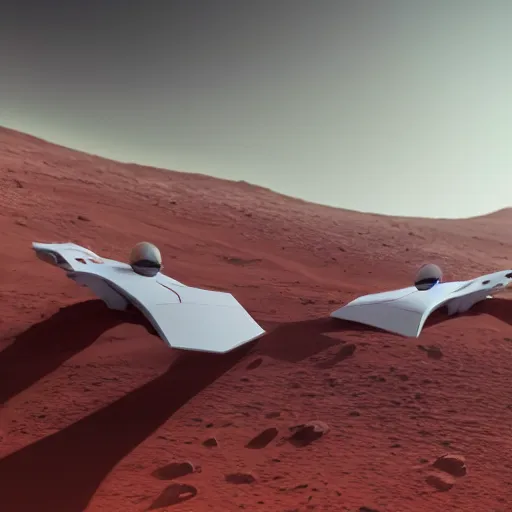 Prompt: two sleek white long spacecraft with red details, no wings, flying over the surface of mars, highly detailed, photorealistic, cinematic, sci-fi, octane render