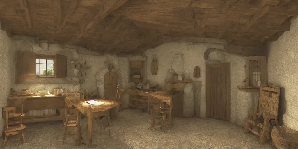 Prompt: medieval cottage interior, blender animation