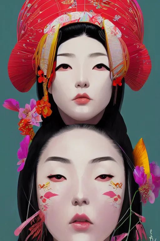 Prompt: a professional painting of a beautiful Japanese Geisha girl, in brightly colored kimono, long dark hair, beautiful bone structure, symmetrical facial features, intricate, elegant, digital painting, concept art, smooth, sharp focus, illustration, from StarCraft by Ruan Jia and Mandy Jurgens and Artgerm and William-Adolphe Bouguerea