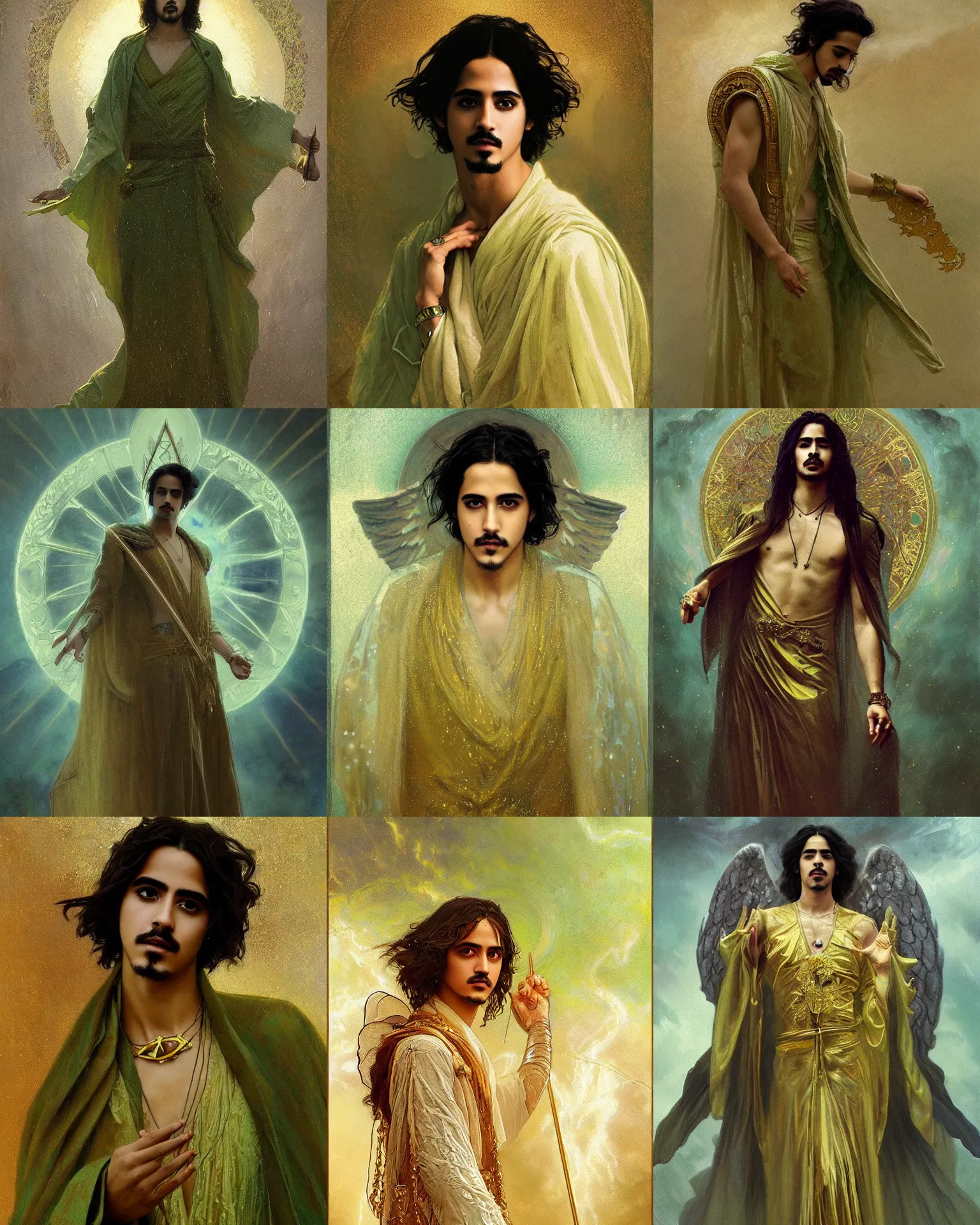 Prompt: portrait of angel elf avan jogia in gold - green robes, runes, jewelry, mystical, ethereal, magical storm fog, painting by greg rutkowski and alphonse mucha