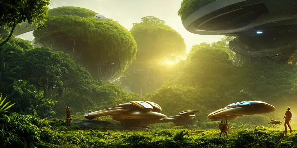 Prompt: a huge futuristic rusty old alien spaceship, next to it a smaller exploration ship on a landing pad, surrounded by a lush jungle, in the foreground two explorers are having a conversation and small animals! are walking around, golden hour, volumetric light, hyperdetailed, artstation, cgsociety, 8k