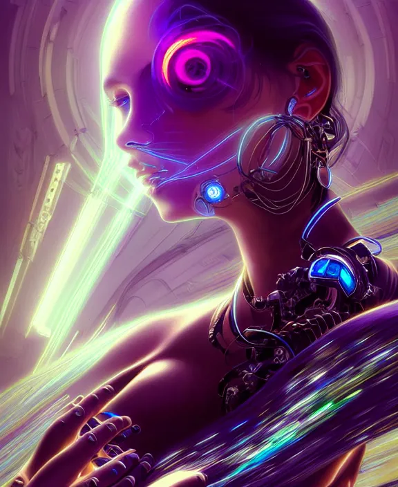 Image similar to a whirlwind of souls rushing inside the metaverse, hologram, half body, neurochip, shaved temple, piercing, jewelry, android, cyborg, cyberpunk face, by loish, d & d, fantasy, intricate, elegant, highly detailed, colorful, digital painting, artstation, concept art, art by artgerm and greg rutkowski and alphonse mucha