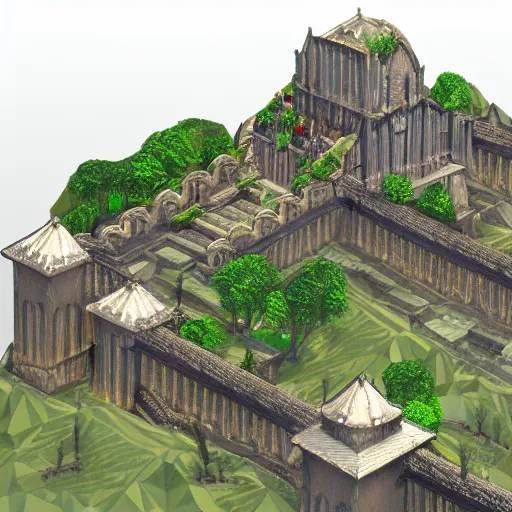 Prompt: a low poly, isometric view of rivendell, highly detailed render